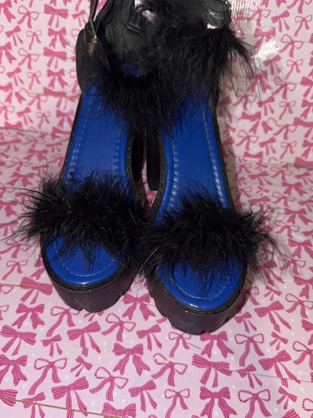 SHEIN Black Feather Trim Blue Platform Sandals